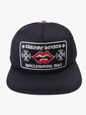 Chrome Hearts Black Trucker Hat with Red Lip Patch